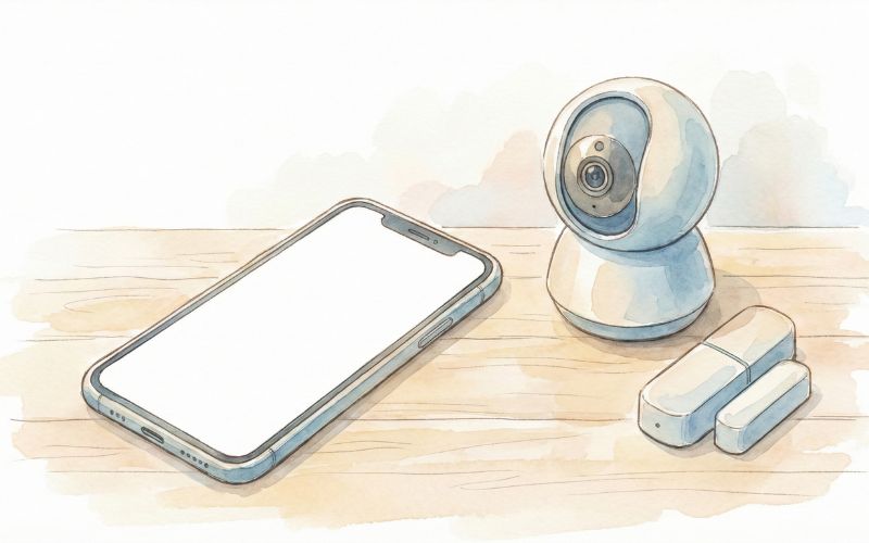 在宅での見守りに使うスマホとカメラ・センサーをイメージした図