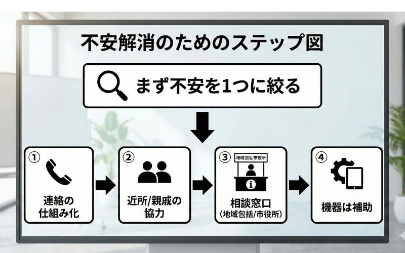 離れて暮らす親の安否確認の進め方（連絡→協力→相談→機器）