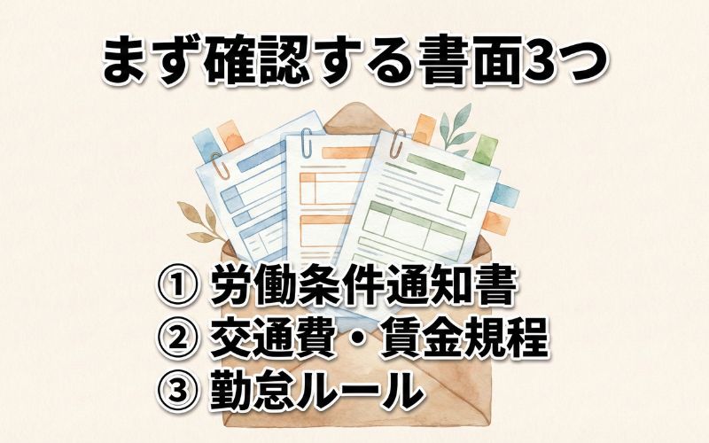 確認する書面3つ（労働条件通知書・交通費規程・勤怠）