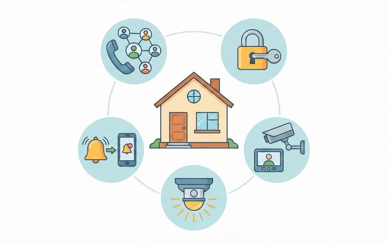 高齢者宅の防犯対策5選を示す図（補助錠、録画インターホン、センサーライト、異常検知と通知、連絡先の整備）