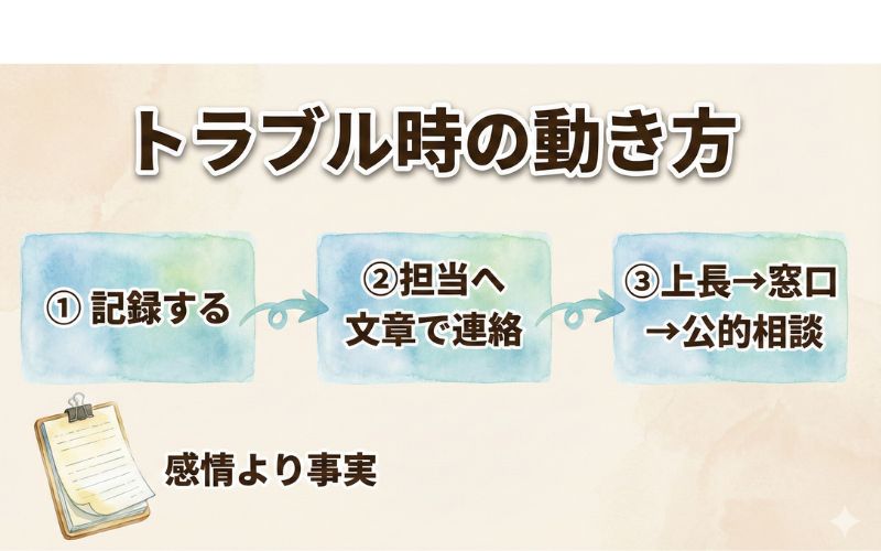 トラブル対応フロー（記録→連絡→相談）